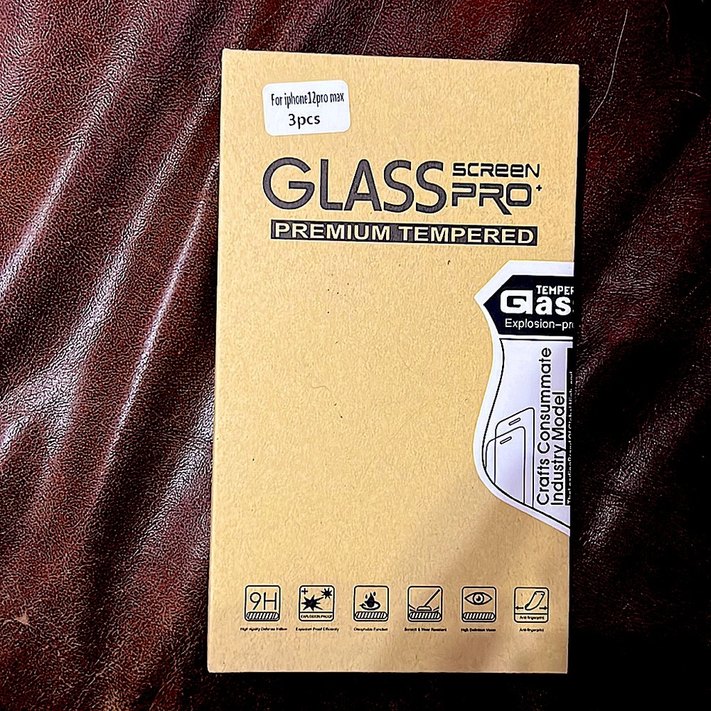 In the box 3 piece Iphone 12pro max tempered glass screen protectors.